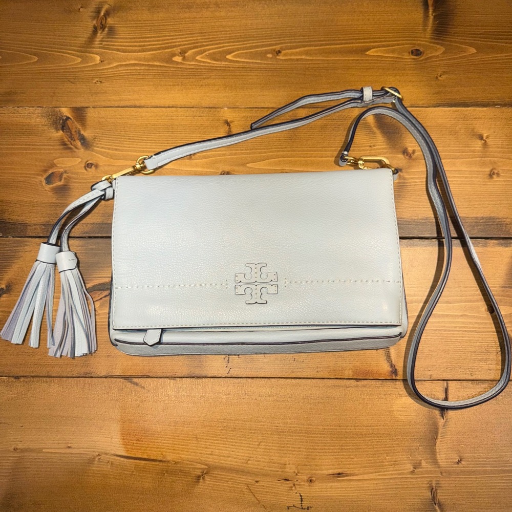 Tory Burch McGraw Fold Over Crossbody Blue Celadon Pebbled Leather Tassel‎ Bag